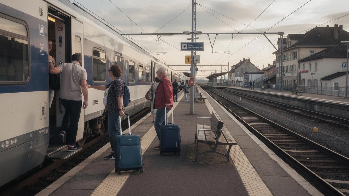 Travellers with luggage boarding a regional train at a European station platform