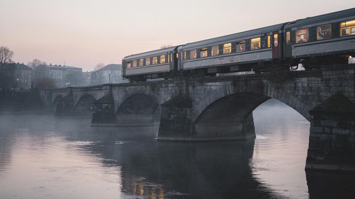 Night sleeper train crossing a river bridge towards Kraków at first light